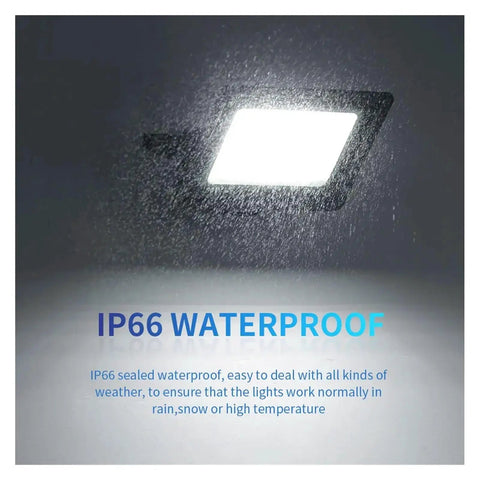 JUDYSSY Led Pir Motion Sensor Floodlight Wall Light Outdoor 3 Colors Ac220 30W shown in water spray demonstrating IP66 waterproof features.