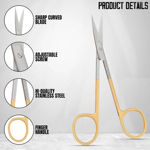 Pro Grade Micro Dissecting Scissors 4.5 Inch With Fine Point CVD Super Cut Edge Tungsten Carbide Inserts And Plasma Gold Rings
