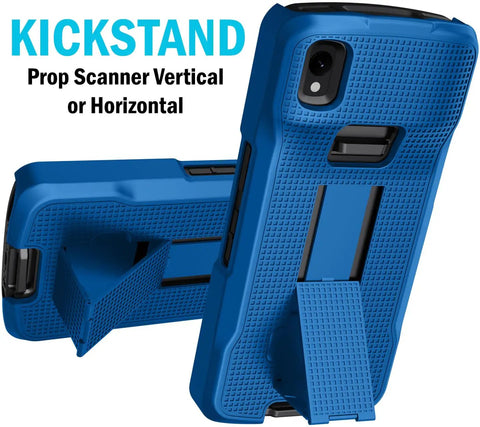 Heavy Duty Kickstand Case Paired With Swivel Belt Holster Combo For Zebra Tc22 And Tc27 Warehouse Scanners Delivering Dead Reliable Protection And Swift One Hand Mounting Blue showing kickstand feature.