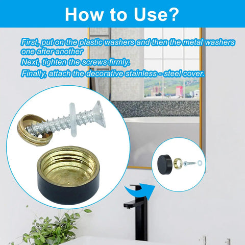 Sleek Stainless Steel Decorative Screw Caps For Wall Frames And Mirrors Rustproof 16mm Black Hardware Covers With Tough Electroplated Finish instructions with screws and washers.