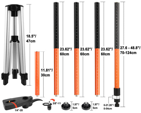 Telescoping Laser Level Pole With Tripod, 12 Ft / 3.7 M Reach, Adjustable 1/4-20 Mount For Rotary And Line Lasers, Includes 5/8-11 Threaded