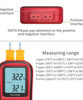 Front view of Kamtop digital thermometer with two K-type probes; red handheld meter with backlit LCD