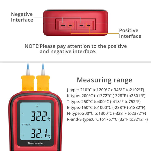 Front view of Kamtop digital thermometer with two K-type probes; red handheld meter with backlit LCD