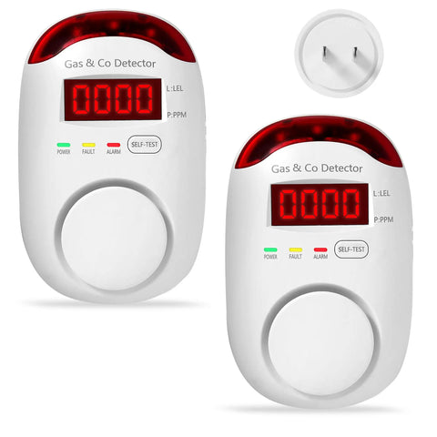 Two Pack Plug In Gas And Carbon Monoxide Detectors With LCD Display Propane And Natural Gas Sensor CO Monitor Alarm And Explosive Gas Alert For Home And RV Easy Install 2 In 1 High Sensitivity Sensor showing front view