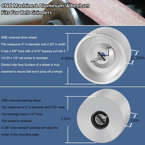 Belt Grinder 2x72 Wheel Set For Knife Grinder With 4 Inch Drive Wheel and 3 Inch Tracking Wheel CNC Machined Aluminum