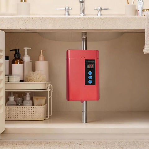 Rock Solid 3000W Instant Electric Hot Water Heater With Built Like A Tank Cast Aluminum Shell mounted under sink.