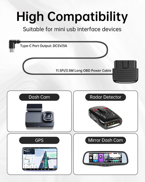 Diagram of Dash Cam Power Cable OBD2 to USB C demonstrating high compatibility with dash cam, GPS, and radar detector.