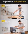 Top Shelf Electric Screwdriver With Pivoting Handle And Crisp Digital Torque Display Featuring Eight Precise Settings For Laptop Repair And Diy Tasks That Deliver Knockout Precision Every Time, showing dual-speed operation on wood and computer.