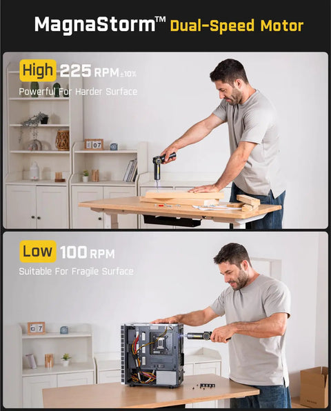 Top Shelf Electric Screwdriver With Pivoting Handle And Crisp Digital Torque Display Featuring Eight Precise Settings For Laptop Repair And Diy Tasks That Deliver Knockout Precision Every Time, showing dual-speed operation on wood and computer.