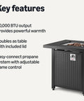 Outdoor Fire Table With 50,000 BTU Square Fire Pit, Black Finish, 28 Inch Diameter, lid doubles as table top visible with key features
