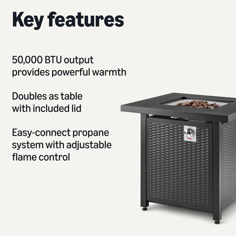 Outdoor Fire Table With 50,000 BTU Square Fire Pit, Black Finish, 28 Inch Diameter, lid doubles as table top visible with key features