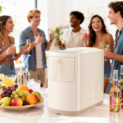 No Fuss Countertop Ice Maker Pumping Out 18 Lbs Of Crisp Bullet Ice Every 6 Minutes with drinks and fruit during a party.