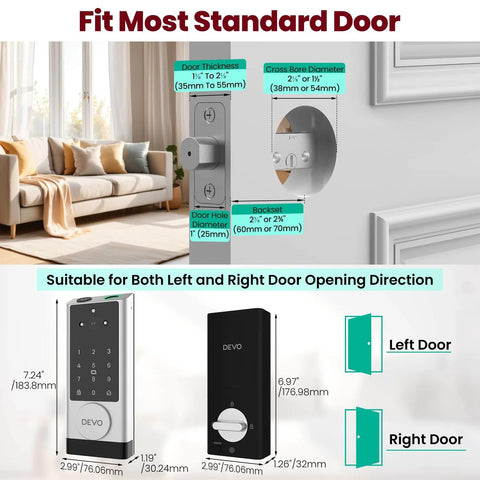 Dimensions and fitting guide for Six In One Smart Lock With Camera And Doorbell, Keyless Entry, fits left and right doors.
