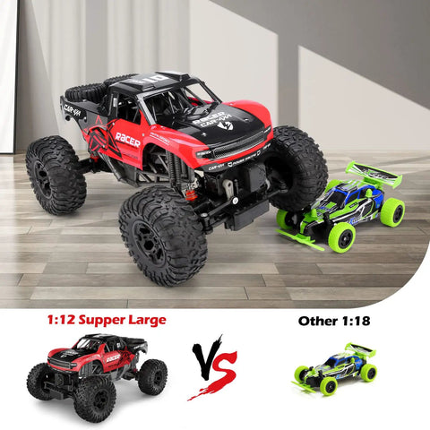 4x4 Offroad RC Truck Amphibious 1 12 Scale Monster Beast With Dual Motors Waterproof Chassis next to smaller toy car, indoors
