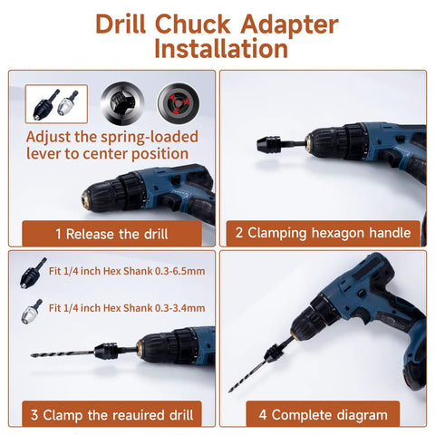 Installation guide of Two Pack Keyless Drill Chuck Adapters With One Quarter Inch Hex Shank For Impact Drivers And Rotary Tools.
