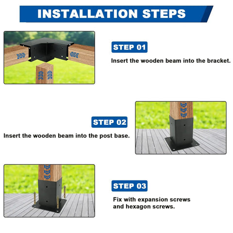 Installation steps for 3 Way Pergola Bracket Kit For 4x4 Wood Beams Right Angle Corner Brackets Outdoor Gazebo Support