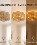 Pixxrib Boho Caged Ceiling Fans with Lights for Bedroom Living room, showcasing light off, light on, and warm night glow settings.