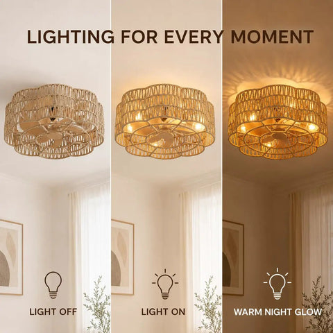 Pixxrib Boho Caged Ceiling Fans with Lights for Bedroom Living room, showcasing light off, light on, and warm night glow settings.