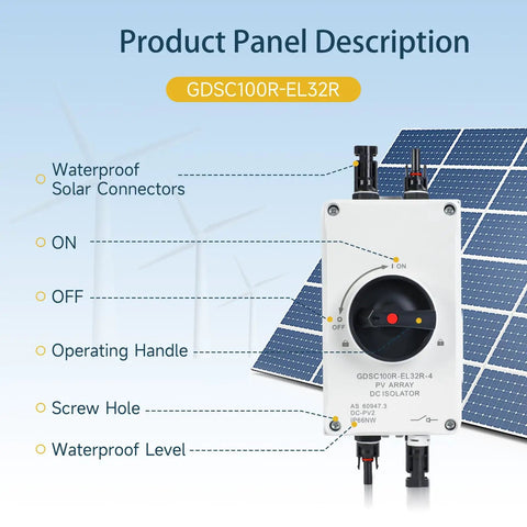 32A DC 1200V Solar Disconnect Isolator Switch With IP66 Waterproof Enclosure And PV Connector shown with solar panel background