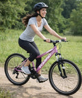Woman riding 26 Inch Mountain Bike For Adults And Teens With Steel Frame And Suspension Fork, 21 Speed V Brakes on trail