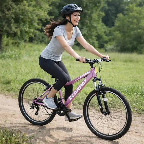 Woman riding 26 Inch Mountain Bike For Adults And Teens With Steel Frame And Suspension Fork, 21 Speed V Brakes on trail