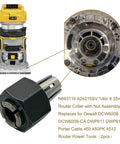 Beef Up Your Router With Replacement One Quarter Inch Collet Chuck And Nut Assembly For Dewalt DWP611 DWP611PK DCW600B DCW600B CA And Porter Cable 450 450PK 4512 Routers Two Pack Collet Nut Kit shown with router parts and model details.
