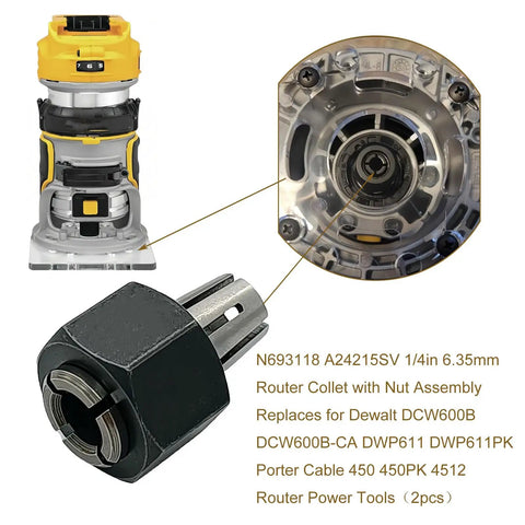 Beef Up Your Router With Replacement One Quarter Inch Collet Chuck And Nut Assembly For Dewalt DWP611 DWP611PK DCW600B DCW600B CA And Porter Cable 450 450PK 4512 Routers Two Pack Collet Nut Kit shown with router parts and model details.