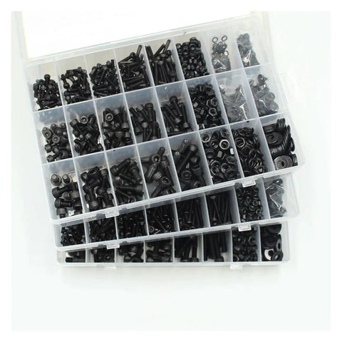 Heavy Duty 12.9 Grade Black Hex Socket Cap Screws Nuts Set M2.5 To M6 DIN912 2500Pcs Mixed Sizes High Strength Carbon Steel With Wear Resistant Black Finish Anti Rust And Anti Oxidation Includes Matching Nuts For Wide Assembly Use M3 M4 M5, assorted in organizer