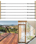 Premium Cable Railing Kit For Wood Posts Decks And Stairs With T316 Stainless Steel Swage Lag Screws And Turnbuckles Hardware Easy Install Adjustable Tensioners And 20 Cable Lines For A Sleek Modern Look showing installation on wood deck and indoor staircase