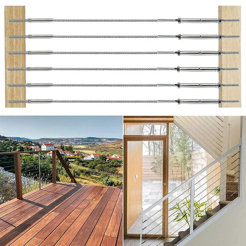 Premium Cable Railing Kit For Wood Posts Decks And Stairs With T316 Stainless Steel Swage Lag Screws And Turnbuckles Hardware Easy Install Adjustable Tensioners And 20 Cable Lines For A Sleek Modern Look showing installation on wood deck and indoor staircase