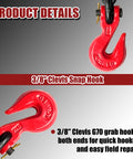 Close-up of G80 Transport Binder Chain clevis grab hooks, red, ideal for 3/8 inch chains, used in truck trailer towing.
