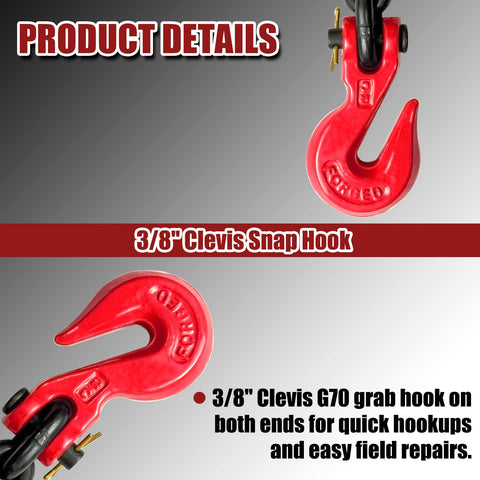 Close-up of G80 Transport Binder Chain clevis grab hooks, red, ideal for 3/8 inch chains, used in truck trailer towing.