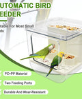 Top Shelf Cage Mounted Bird Feeder Keeping The Mess At Bay With Non Spill Design And Plenty Of Seed Space Featuring A Solid Perch For Your Feathered Friends To Chow Down In Comfort. Two small birds at a transparent automatic feeder with seeds.
