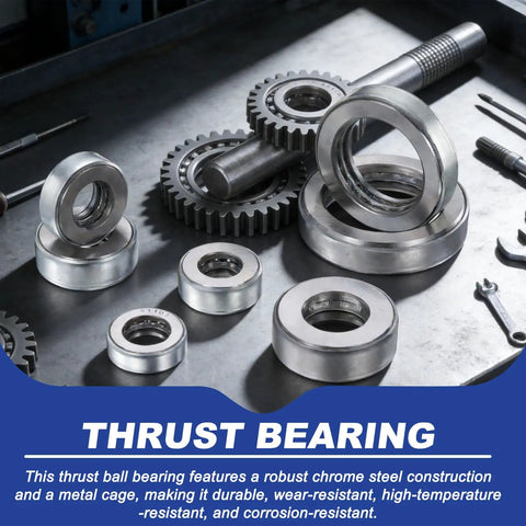 Thrust Bearing Set 2 Pack Beefy Full Complement Chrome Steel Tapered Roller Bearings With Case Hardened Steel 0.69 Inch Bore 1.22 Inch OD 0.39 Inch Width Heavy Duty High Temperature Resistant shown with bearings on a workbench