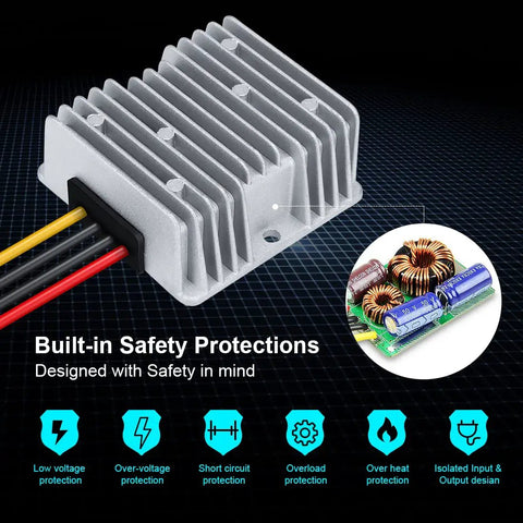 48V To 12V DC-DC Step-Down Regulator Converter 360W 30A Waterproof IP68 Module with cooling fins and safety protection icons