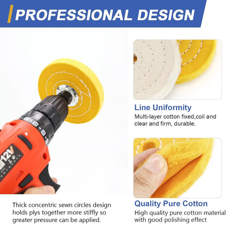 4 Inch Buffing Wheel Set With Quarter Inch Shank And Half Inch Arbor on drill with line uniformity details