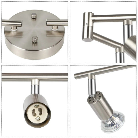 Close-up of Sleek LED Track Lighting Kit 54 Inch Matte Nickel components, showing base, connector, GU10 bulb socket, and spotlight head.