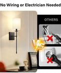 Wireless Rechargeable Set of 2 Battery Operated Wall Sconces With Remote Control For Indoor Home Decor mounted on wall, matte black finish.