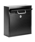 Black outdoor steel key lock mailbox with wall mount, secure drop box for home or office, rust resistant, weatherproof.