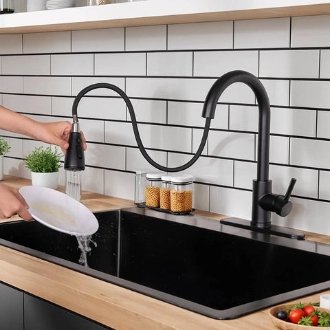 Hella Sweet Matte Black Kitchen Faucet With Single Handle And Buttery Pull Down Sprayer Solid Stainless Steel in use over black sink