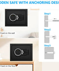 Beefy Steel 1.2 Cub Compact Home Safe With Fireproof And Waterproof Design shown anchored on wall and floor with installation steps.