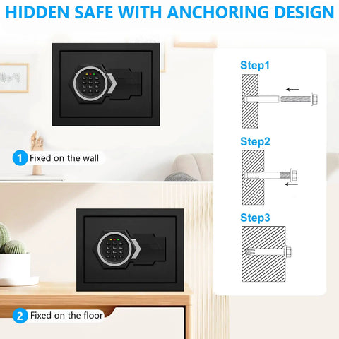 Beefy Steel 1.2 Cub Compact Home Safe With Fireproof And Waterproof Design shown anchored on wall and floor with installation steps.