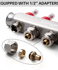 Five-Branch Radiant Heat Manifold in Stainless Steel for Hydronic Floor Heating with PEX Outlet Compatibility half inch adapters