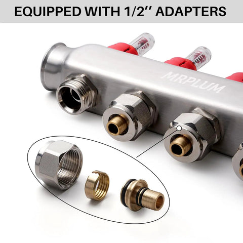 Five-Branch Radiant Heat Manifold in Stainless Steel for Hydronic Floor Heating with PEX Outlet Compatibility half inch adapters