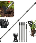 Long Handle 2 In 1 Weed Remover Tool With Adjustable Length, ergonomic manual weeder, rake and hoe head, metal handles, gloves