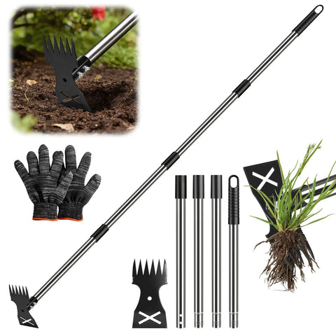 Long Handle 2 In 1 Weed Remover Tool With Adjustable Length, ergonomic manual weeder, rake and hoe head, metal handles, gloves