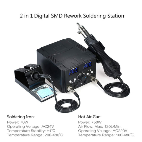 2 In 1 Hot Air SMD Soldering Station Rework System with Desoldering Air Gun and Soldering Iron Stand displayed on white background