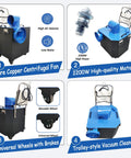 Heavy Duty Industrial Air Duct Dust Busting Cleaner For Commercial Central HVAC Systems With 4000 Cubic Meters Per Hour Suction 16.4 Ft Duct Length And 4.9 To 9.8 Ft Ceiling Height Built For Warehouses And Workshops, blue trolley unit with copper fan and 2200W motor