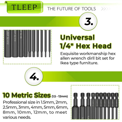10 Piece Metric Hex Bit Set With One Quarter Inch Shank S2 Steel Magnetic Tips Long Allen Wrench Drill Bits Range 12mm To 1.5mm For Ikea Furniture Assembly