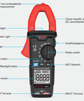 True RMS Digital Clamp Meter For DIY And Pros, 6000 Counts, 600A Current, 600V Voltage, Auto Ranging Multimeter with labeled features